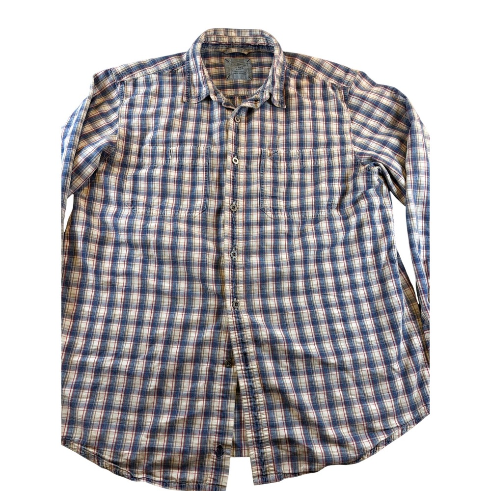 LL Bean Mens Large Regular Plaid Button Down Shirt Blue Red Cotton 1636